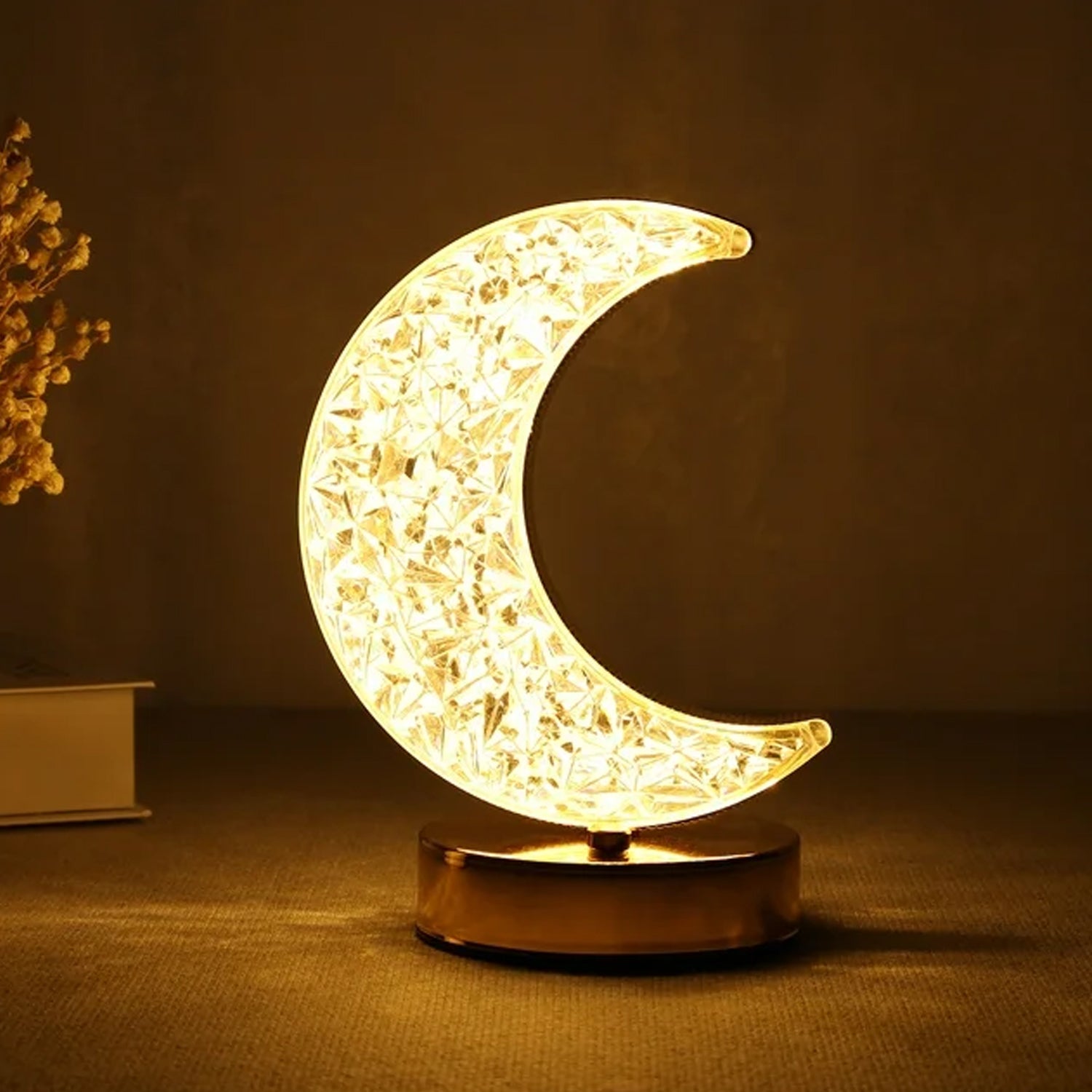 Crystal Table Lamp  Moon Shape Touch Control Lamp With 3 Color  Metal Bedside Lamp For Kids Bedroom Romantic Desktop Nightstand  Stepless Dimming Usb Charging Touch Night Light